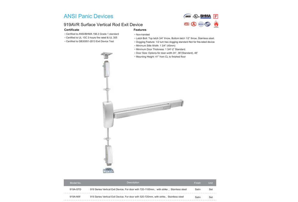 Specification of Panic Prevention Push Bar Lock